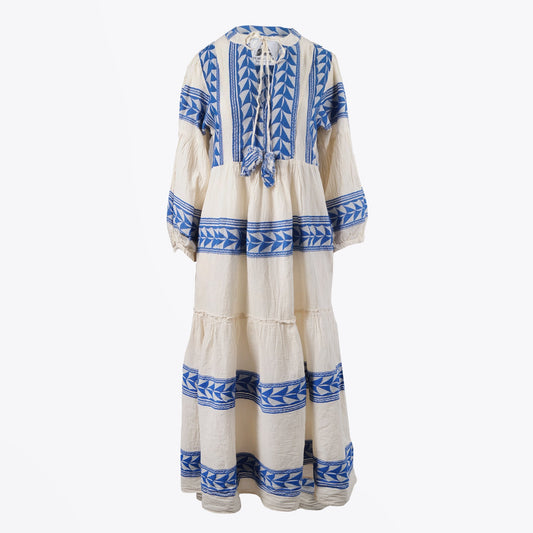 - Embroidered Aztec Maxi Dress - Blue/Cream