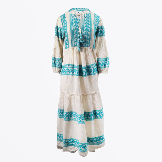 - Embroidered Aztec Maxi Dress - Teal/Cream