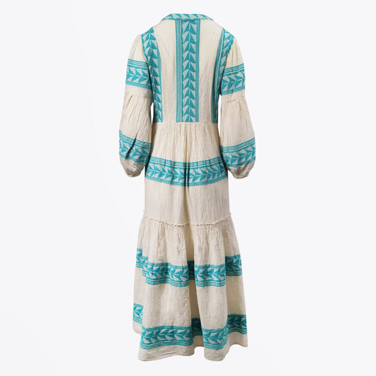 - Embroidered Aztec Maxi Dress - Teal/Cream