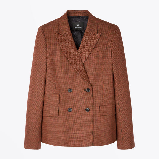 Houndstooth Wool Double-Breasted Blazer - Rust