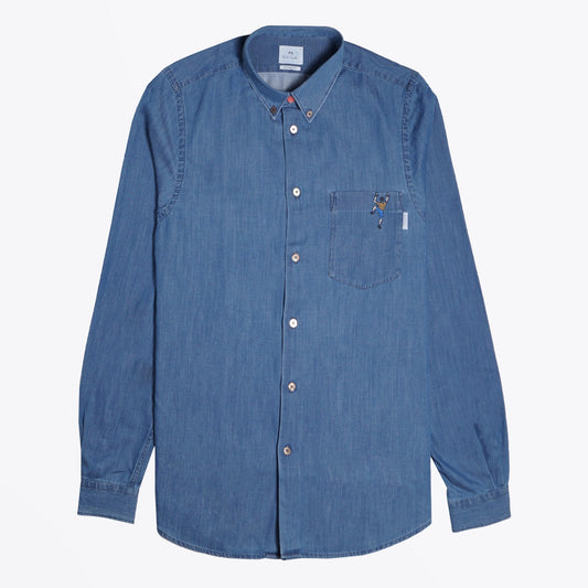 - Denim Shirt With Embroidered 'Climber' - Blue