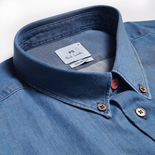 - Denim Shirt With Embroidered 'Climber' - Blue