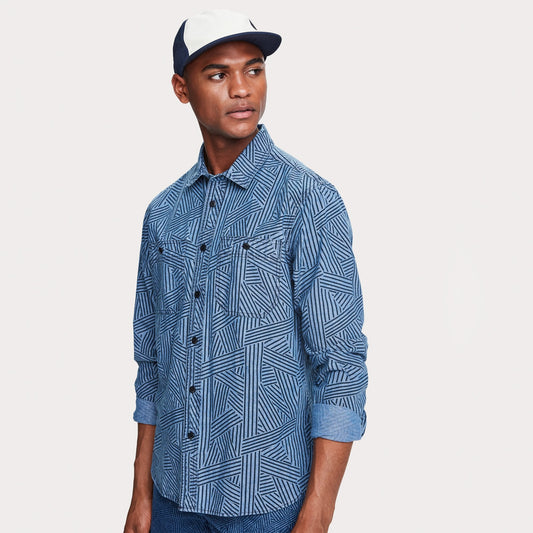 - Cotton Chambray Workwear Shirt - Blue