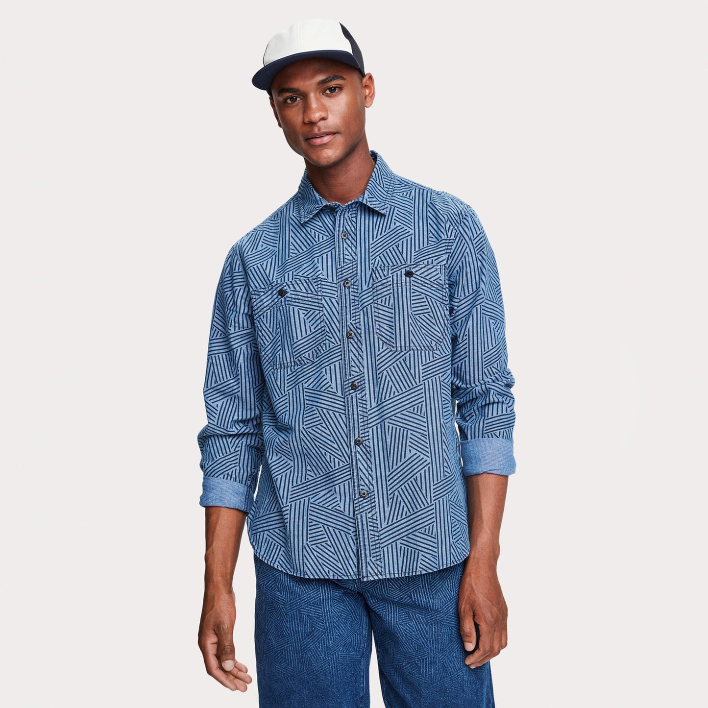 - Cotton Chambray Workwear Shirt - Blue