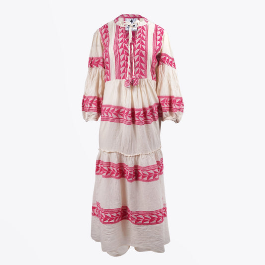 - Embroidered Aztec Maxi Dress - Pink/Cream