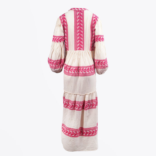 - Embroidered Aztec Maxi Dress - Pink/Cream