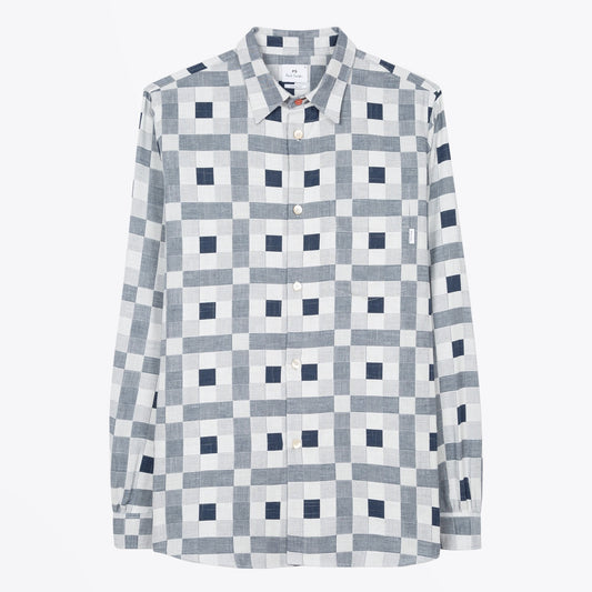 - Patchwork Check Shirt - White/Navy