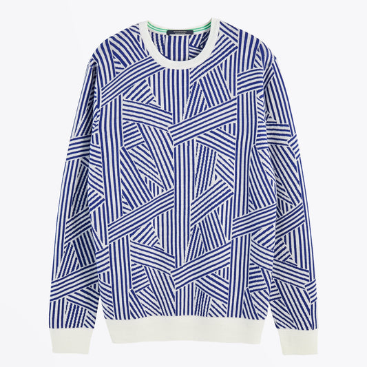 Merino Wool Blend Jacquard Pullover - Navy/Cream