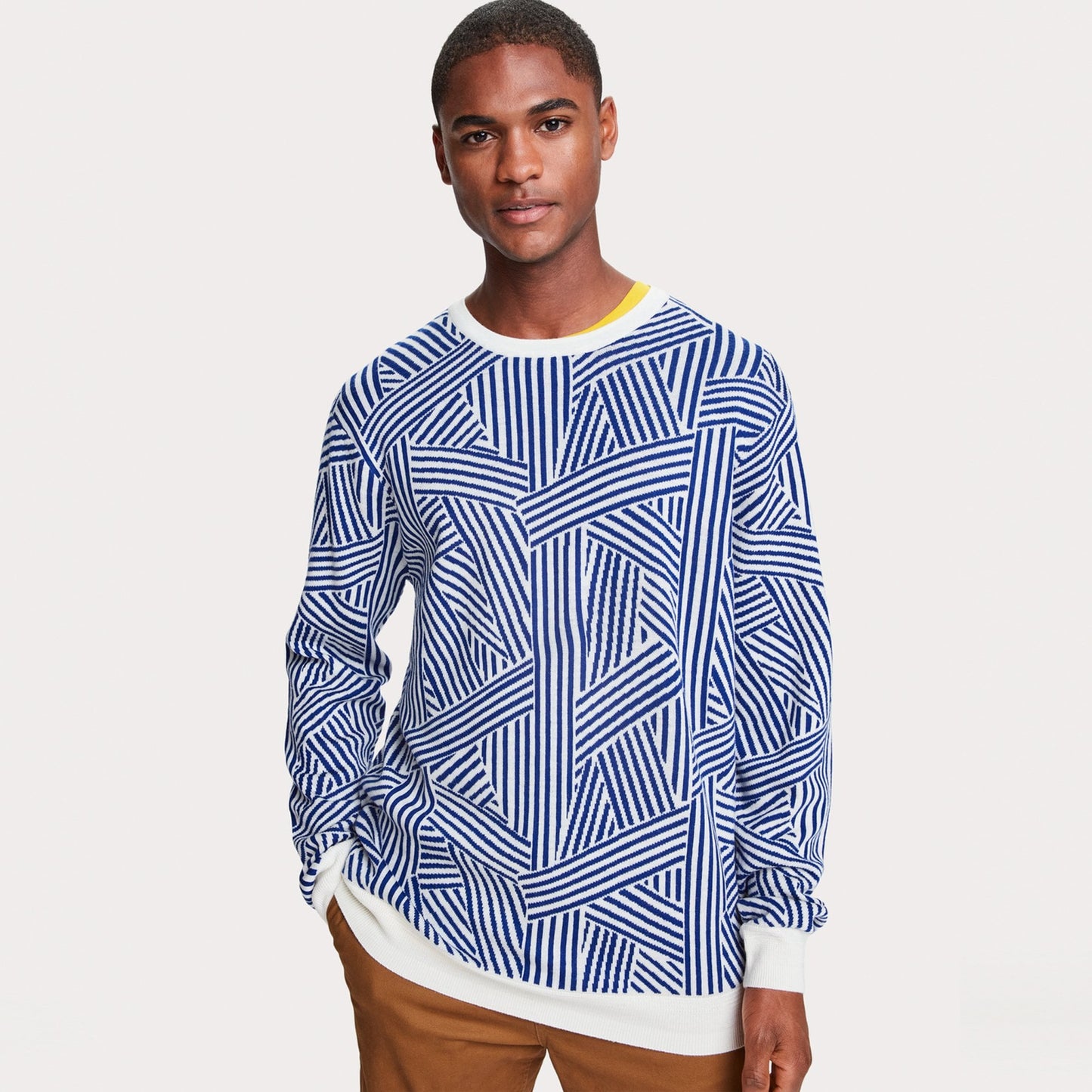 Merino Wool Blend Jacquard Pullover - Navy/Cream
