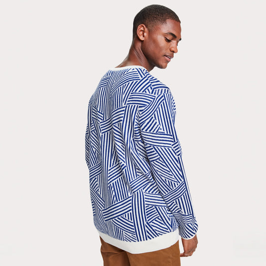 Merino Wool Blend Jacquard Pullover - Navy/Cream
