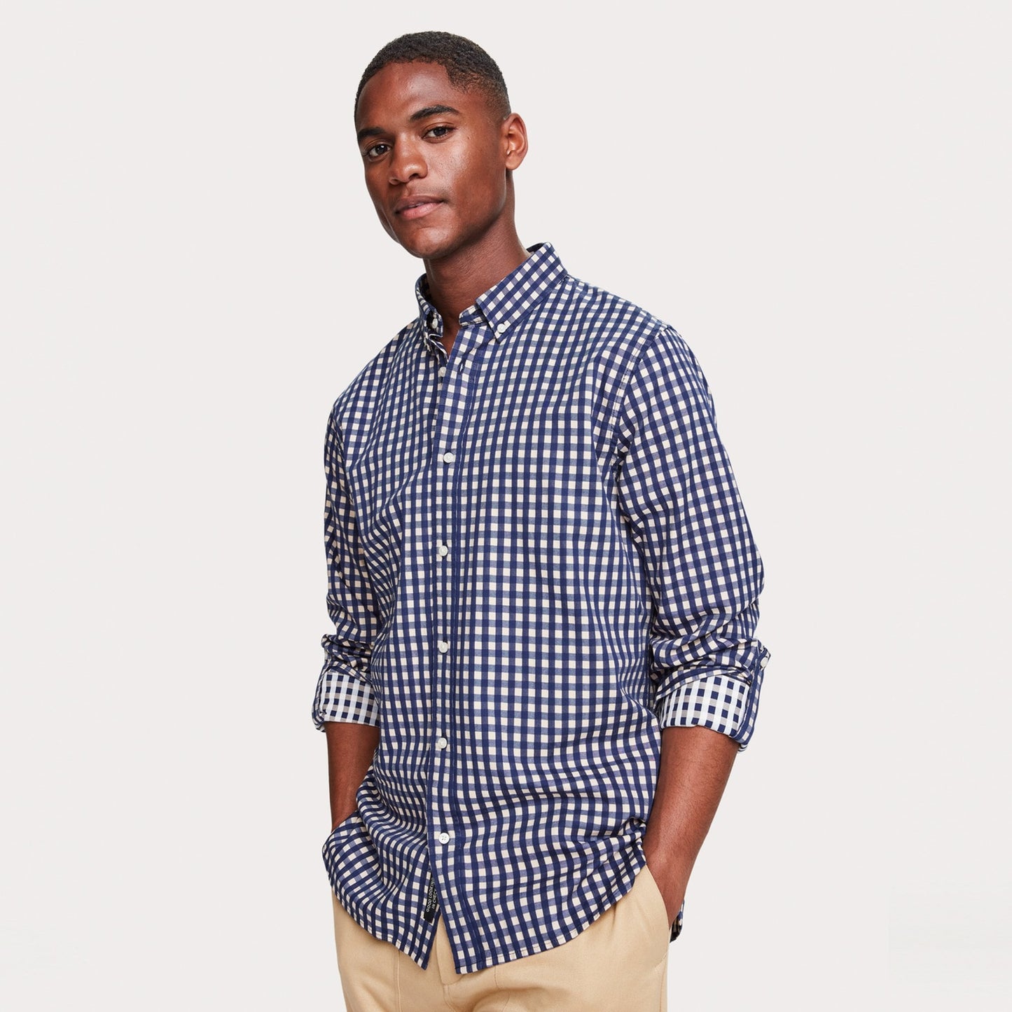 - Cotton Check Shirt - Navy