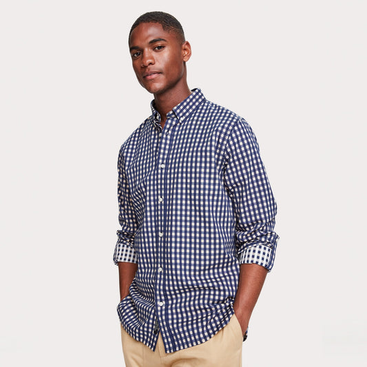 - Cotton Check Shirt - Navy