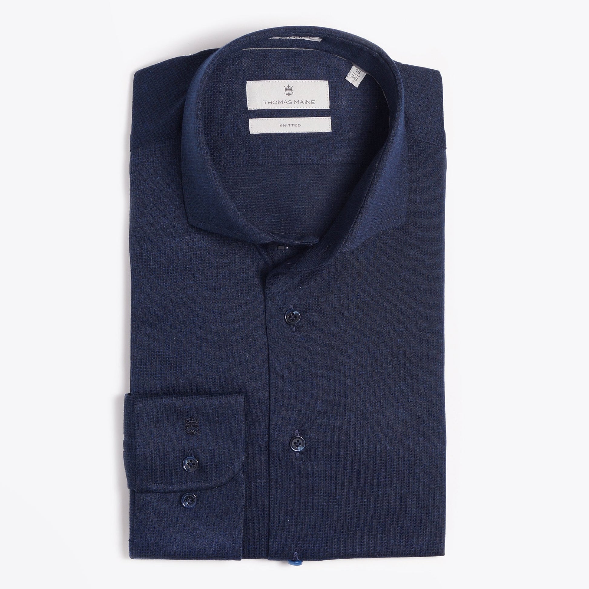 Thomas Knitted Mini Check Shirt - Navy