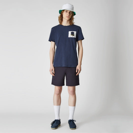 - Embroidered Rose Patch T-Shirt - Deep Blue