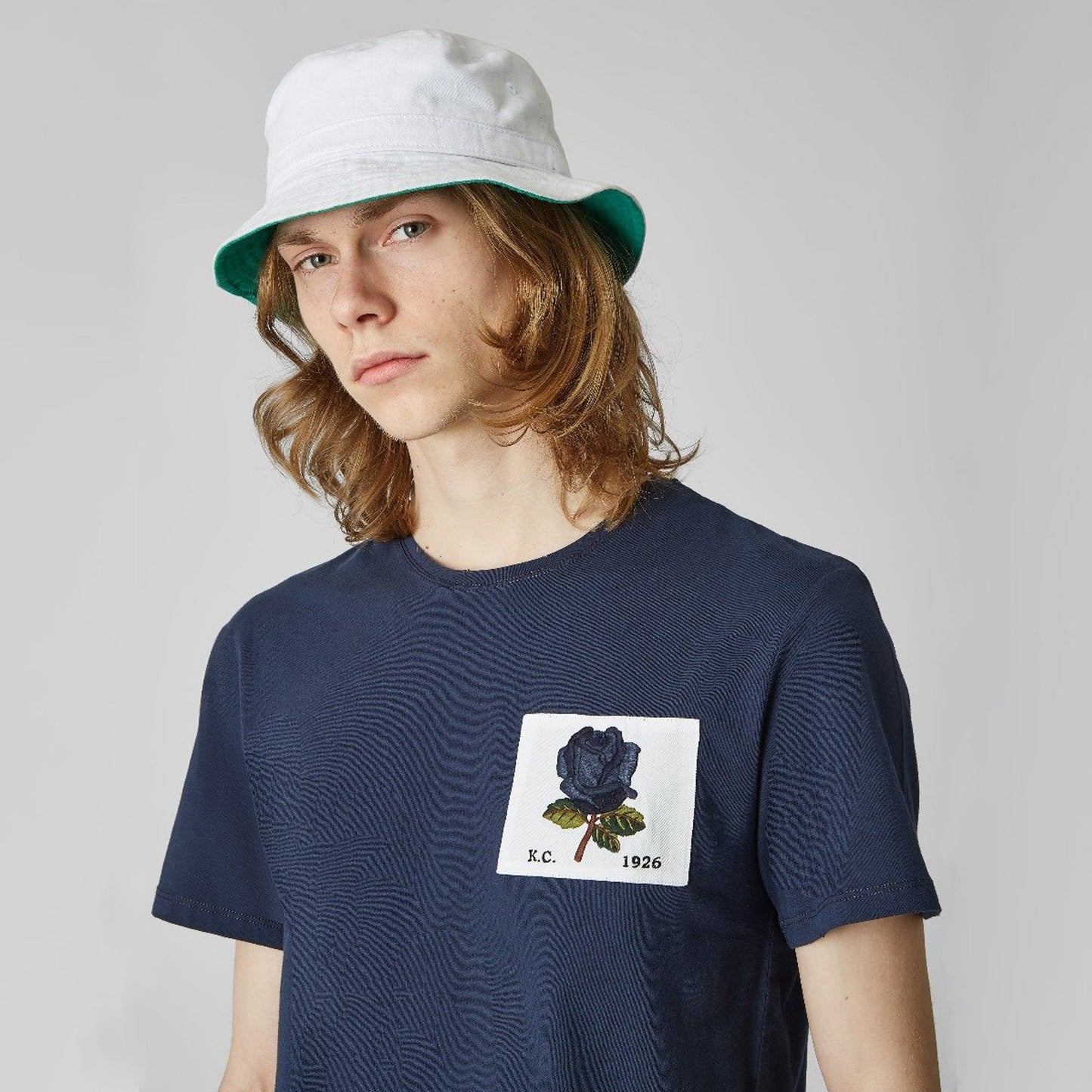 - Embroidered Rose Patch T-Shirt - Deep Blue