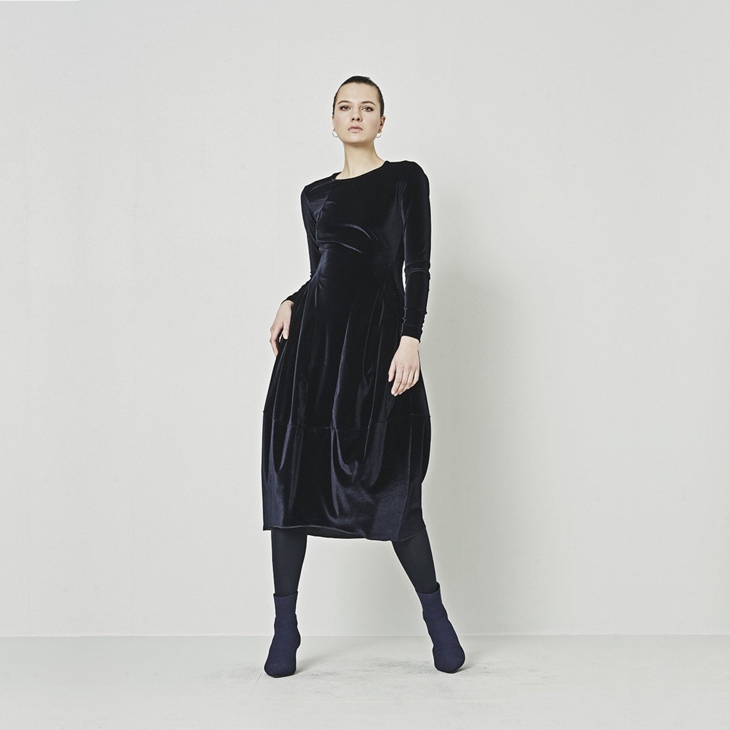 - At Length - Stretch Velvet Balloon Dress - Navy