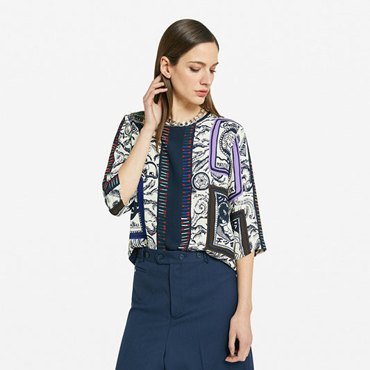 - Printed Flared Blouse - Beige/Multi