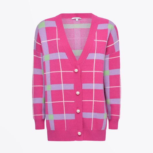 - Cecily Check Knitted Cardigan - Pink
