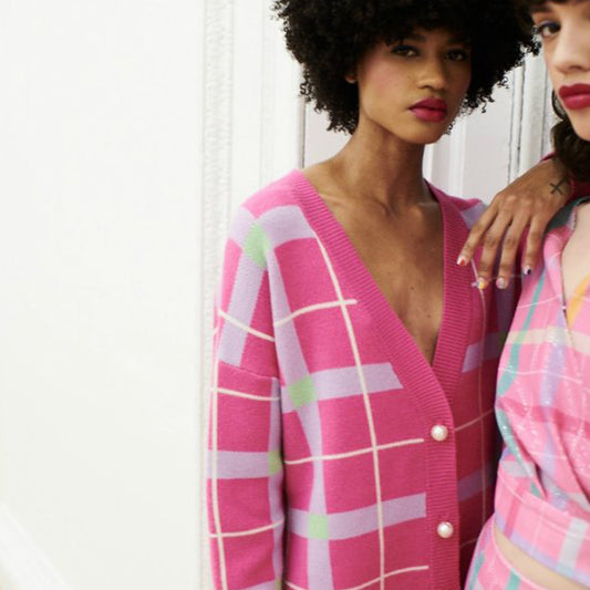 - Cecily Check Knitted Cardigan - Pink