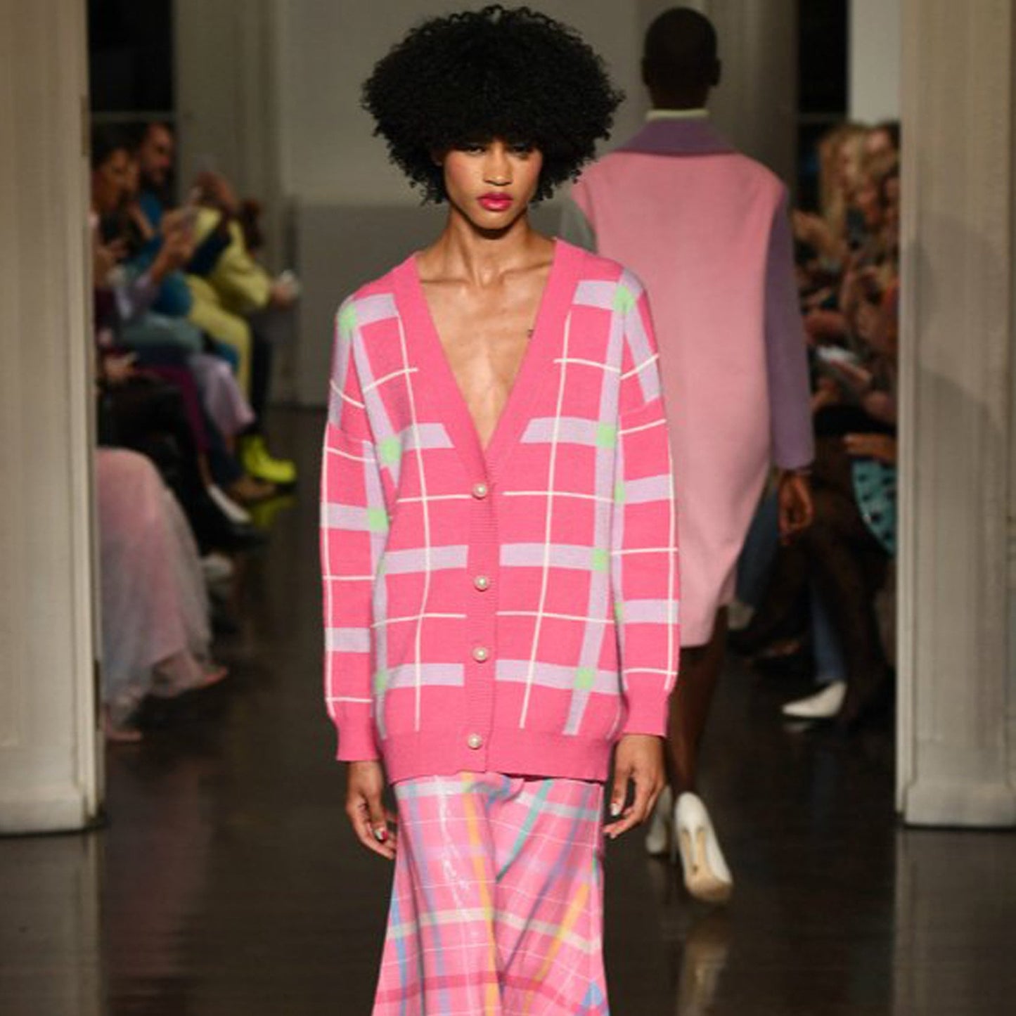 - Cecily Check Knitted Cardigan - Pink