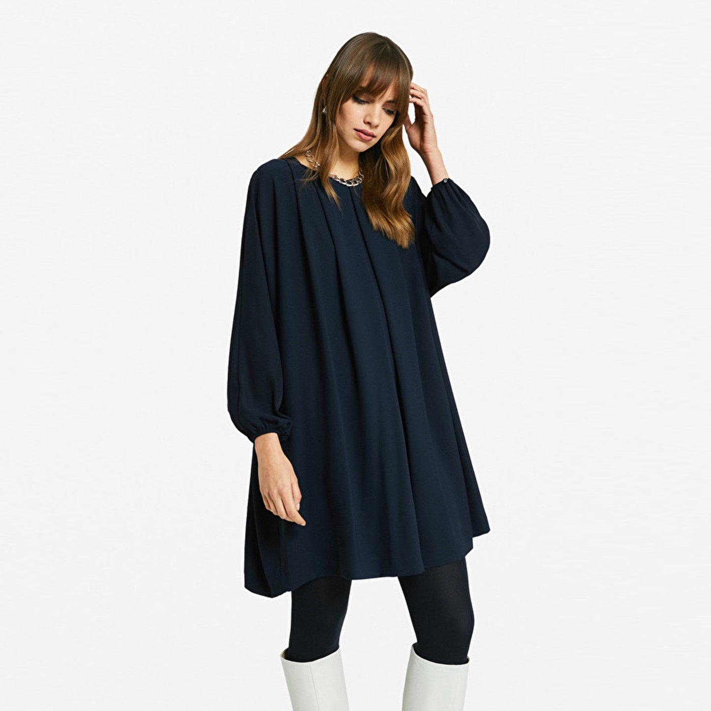 Midi Dress With Tucks - Blue