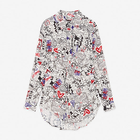 Graffiti Print Blouse With Knot - White/Multi