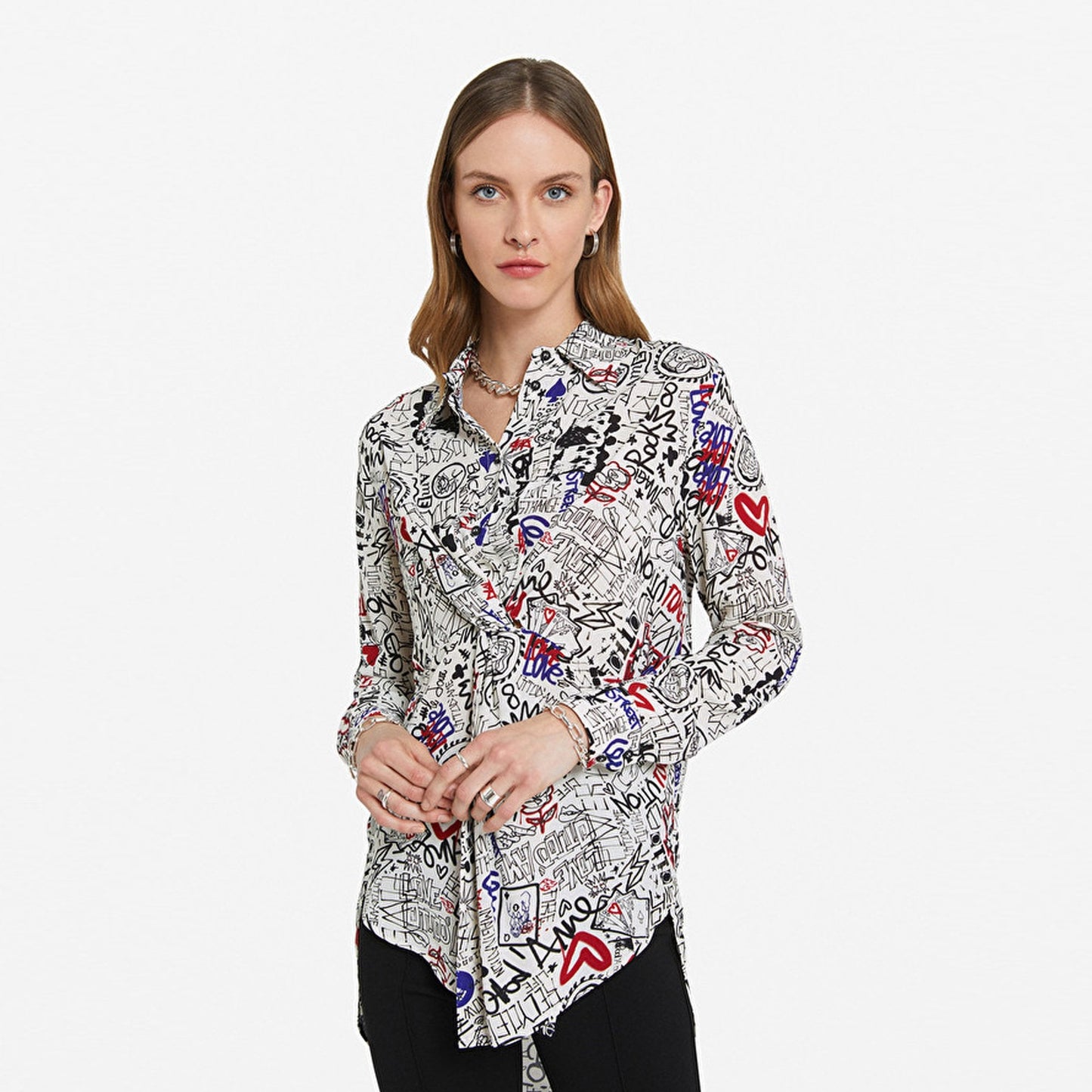 Graffiti Print Blouse With Knot - White/Multi
