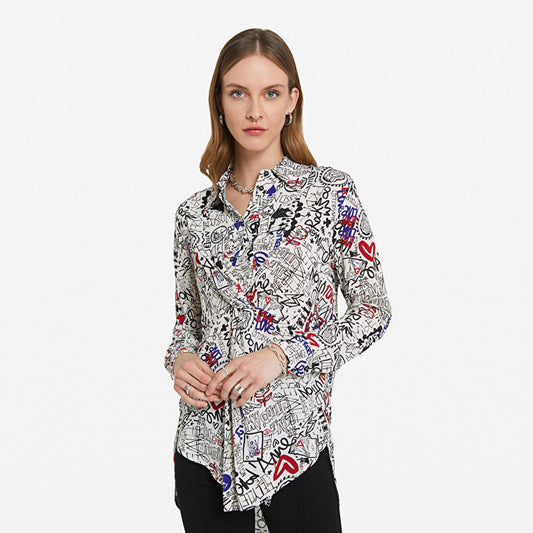 Graffiti Print Blouse With Knot - White/Multi