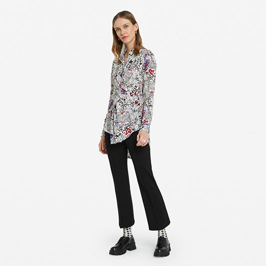 Graffiti Print Blouse With Knot - White/Multi