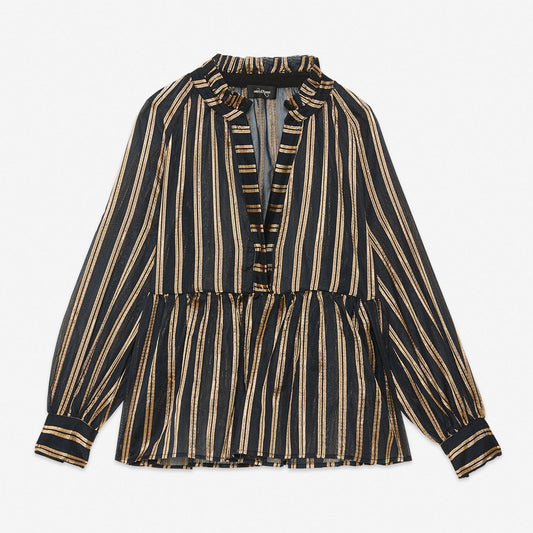 - Ruffled Stripe Blouse - Black/Gold