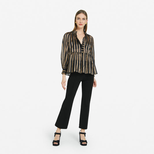 - Ruffled Stripe Blouse - Black/Gold