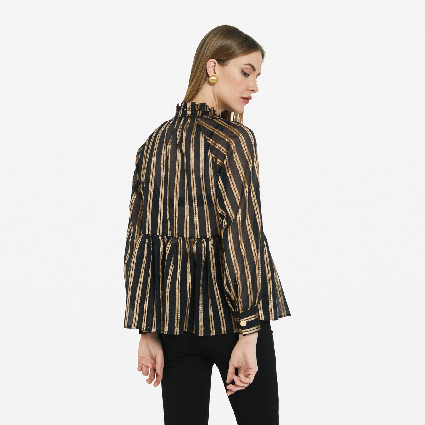 - Ruffled Stripe Blouse - Black/Gold