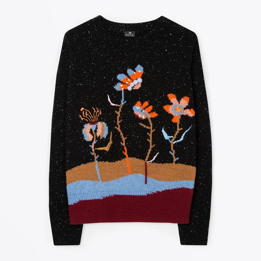 - 'Woodblock Floral' Intarsia Sweater - Black