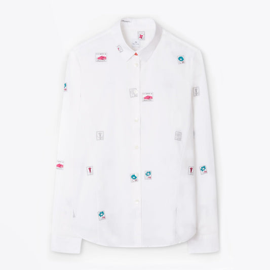 - Slim-Fit 'Stamps' Print Shirt - White