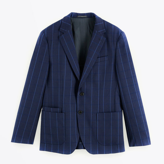 - Single Breasted Checked Blazer - Navy Blue
