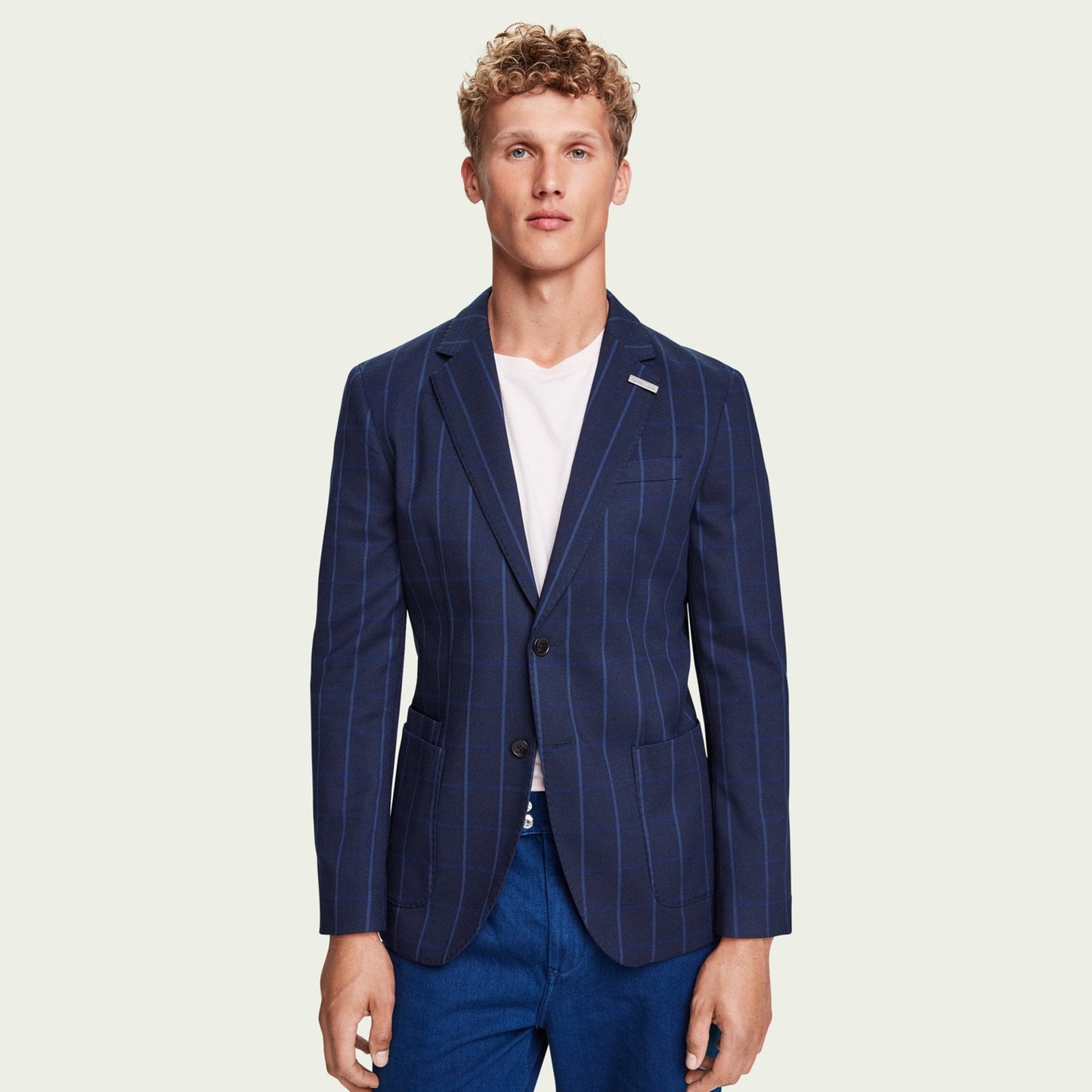 - Single Breasted Checked Blazer - Navy Blue