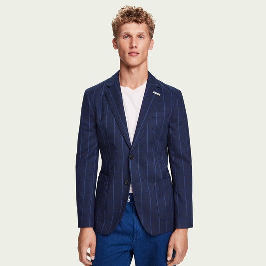 - Single Breasted Checked Blazer - Navy Blue