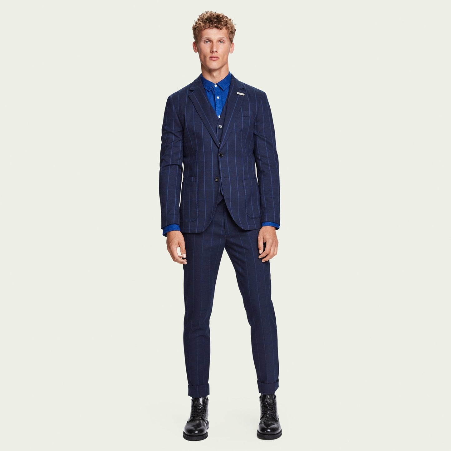 - Single Breasted Checked Blazer - Navy Blue