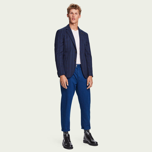 - Single Breasted Checked Blazer - Navy Blue