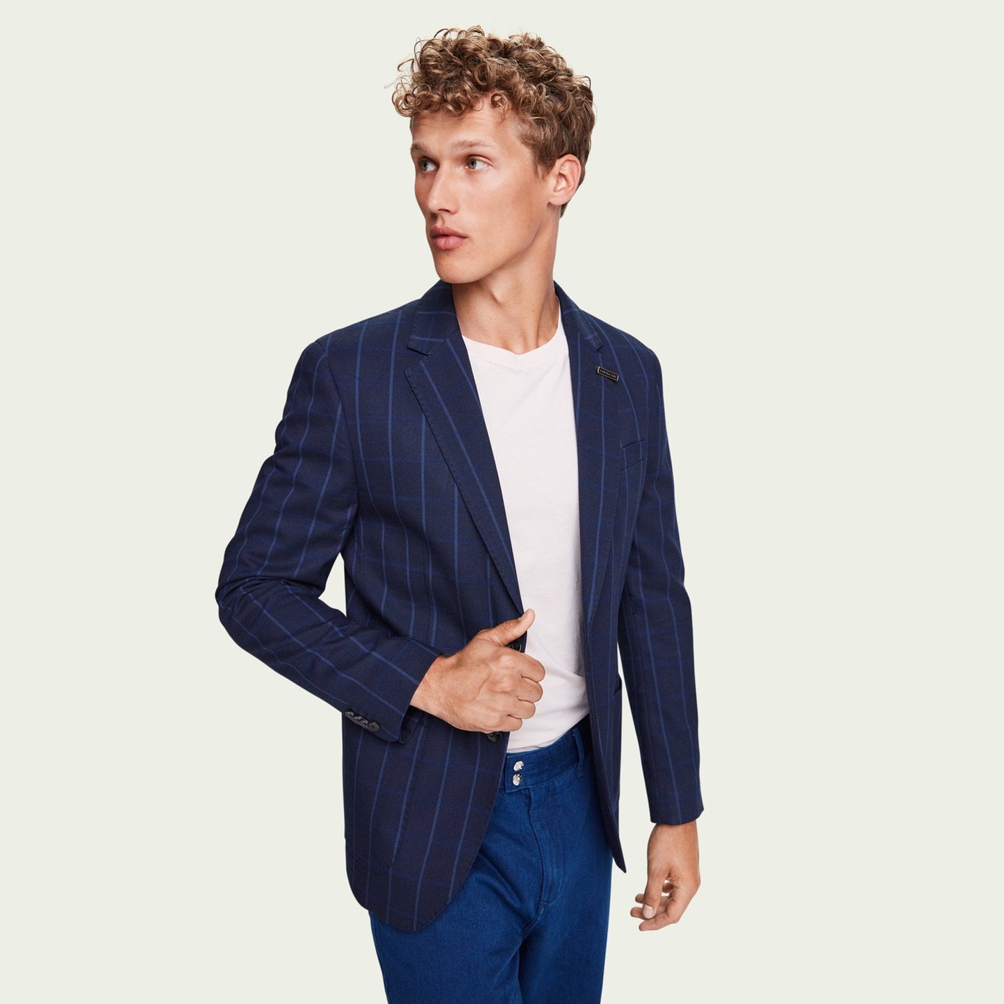 - Single Breasted Checked Blazer - Navy Blue