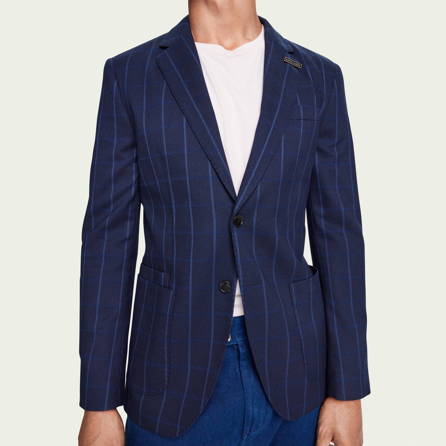 - Single Breasted Checked Blazer - Navy Blue