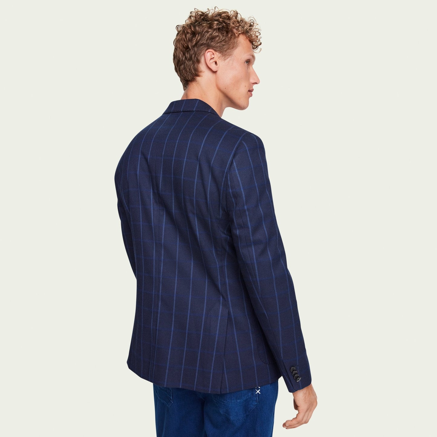 - Single Breasted Checked Blazer - Navy Blue