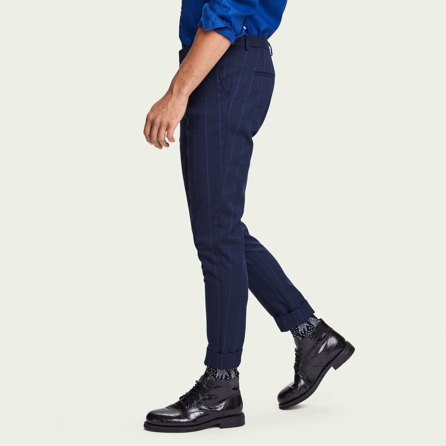 - Super Slim Checked Chinos - Navy Blue