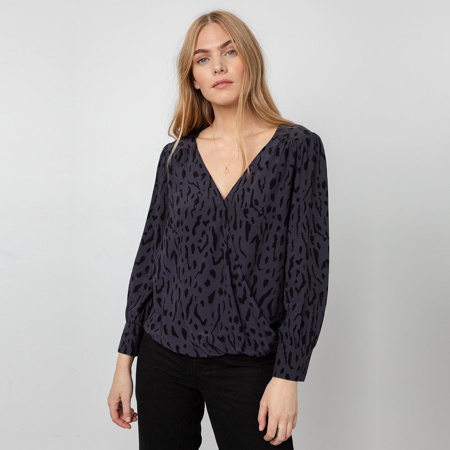 Hillary - Cheetah Print Top - Charcoal Grey