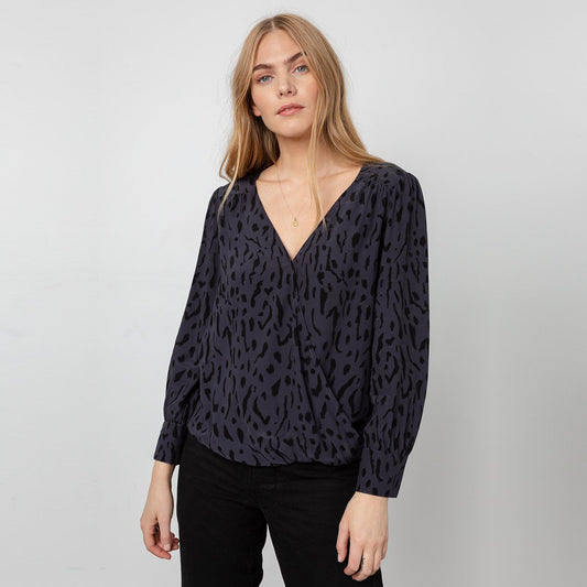 Hillary - Cheetah Print Top - Charcoal Grey