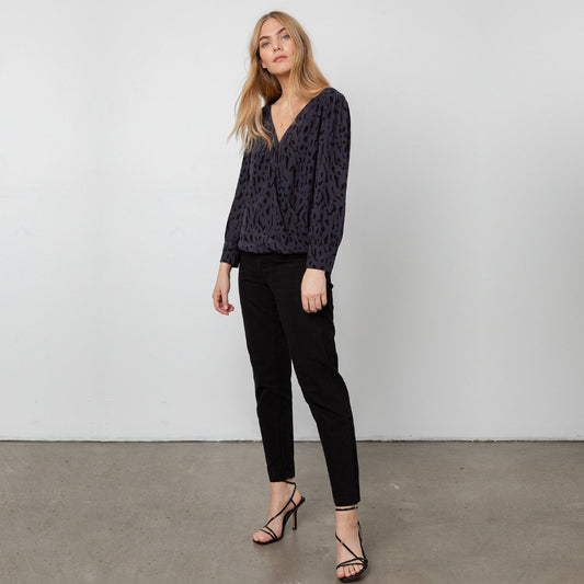 Hillary - Cheetah Print Top - Charcoal Grey