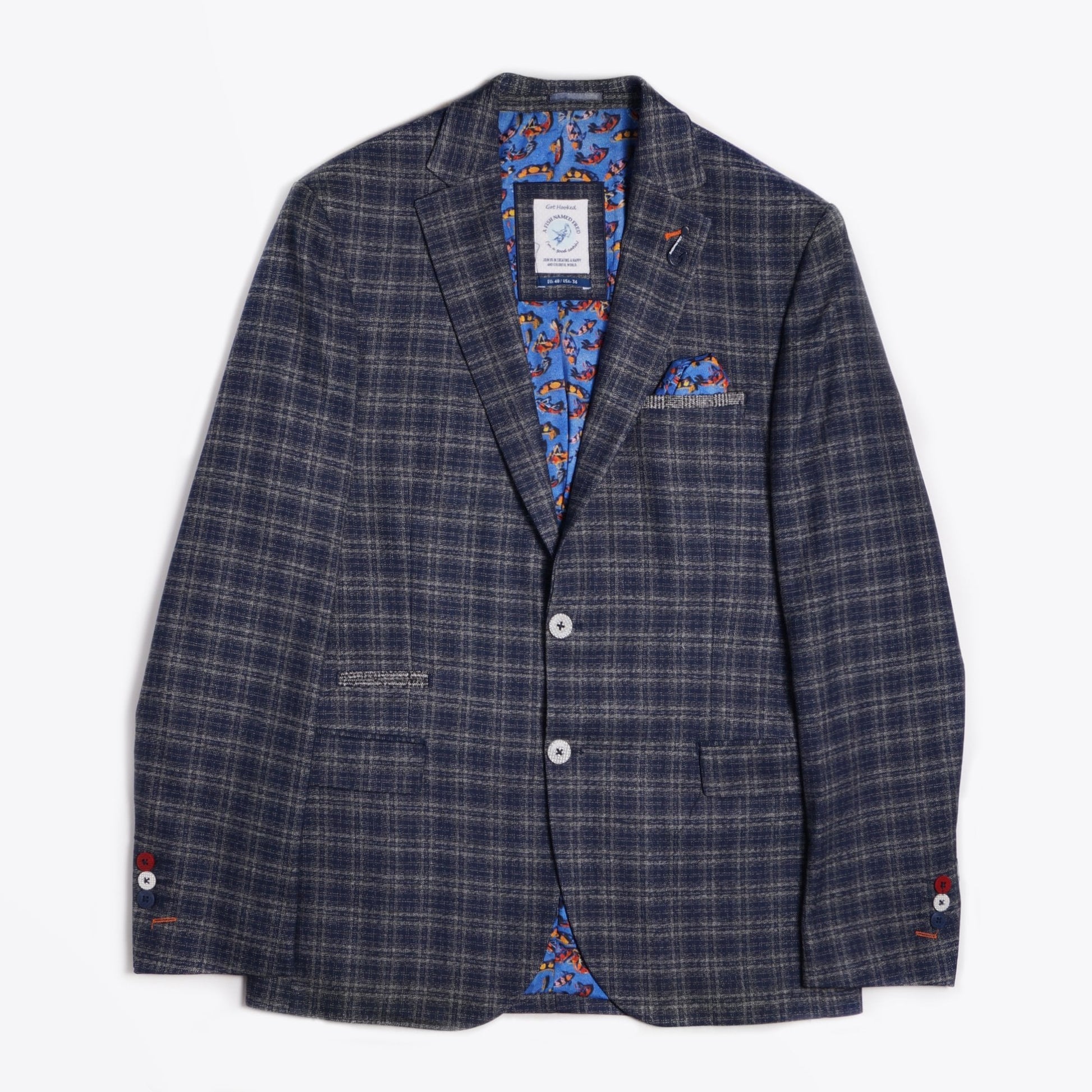 A Woven Checked Blazer - Blue/Grey
