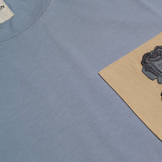 - Embroidered Rose Patch T-Shirt - Pale Blue