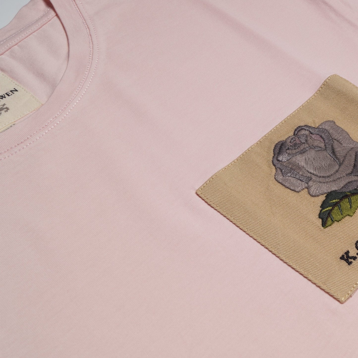 - Embroidered Rose Patch T-Shirt - Powder Pink