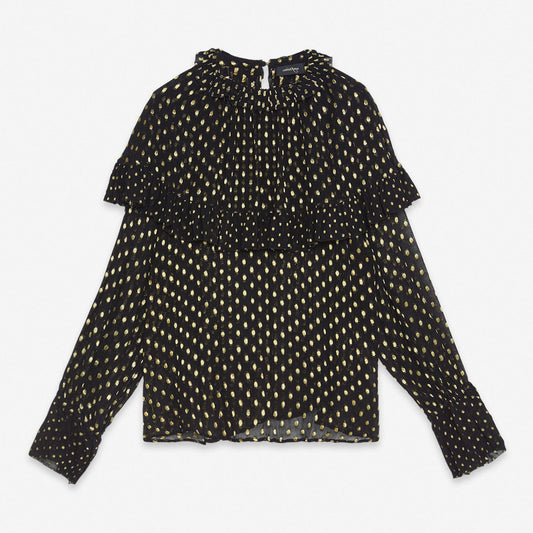 - Ruffled Lurex Spots Blouse - Black